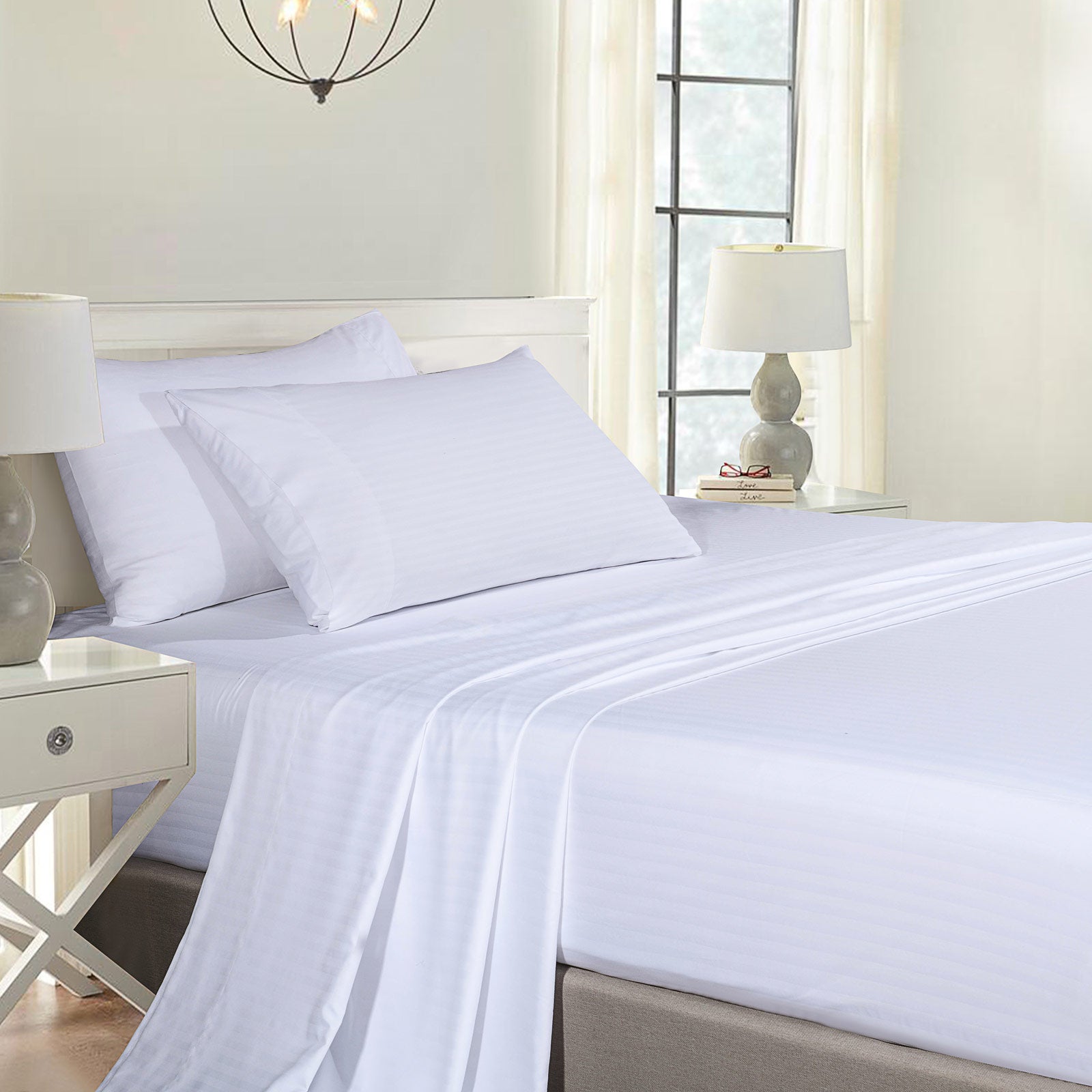 Royal Comfort Cooling Bamboo Blend Sheet Set Striped 1000 Thread Count Pure Soft - Double - White