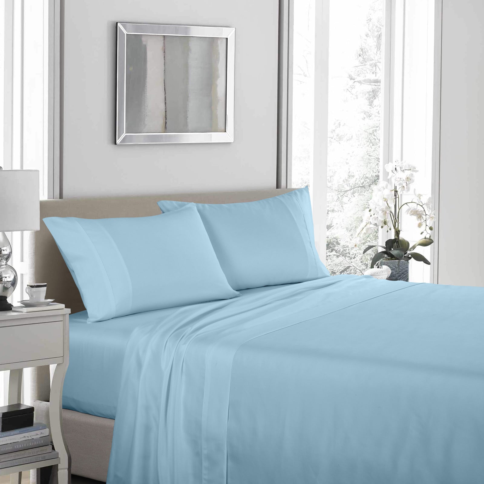 Royal Comfort 1200 Thread Count Sheet Set 4 Piece Ultra Soft Satin Weave Finish - Queen - Sky Blue