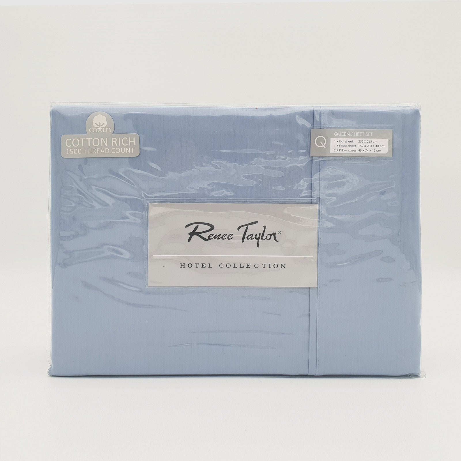 Renee Taylor 1500 Thread Count Pure Soft Cotton Blend Flat & Fitted Sheet Set Indigo Queen