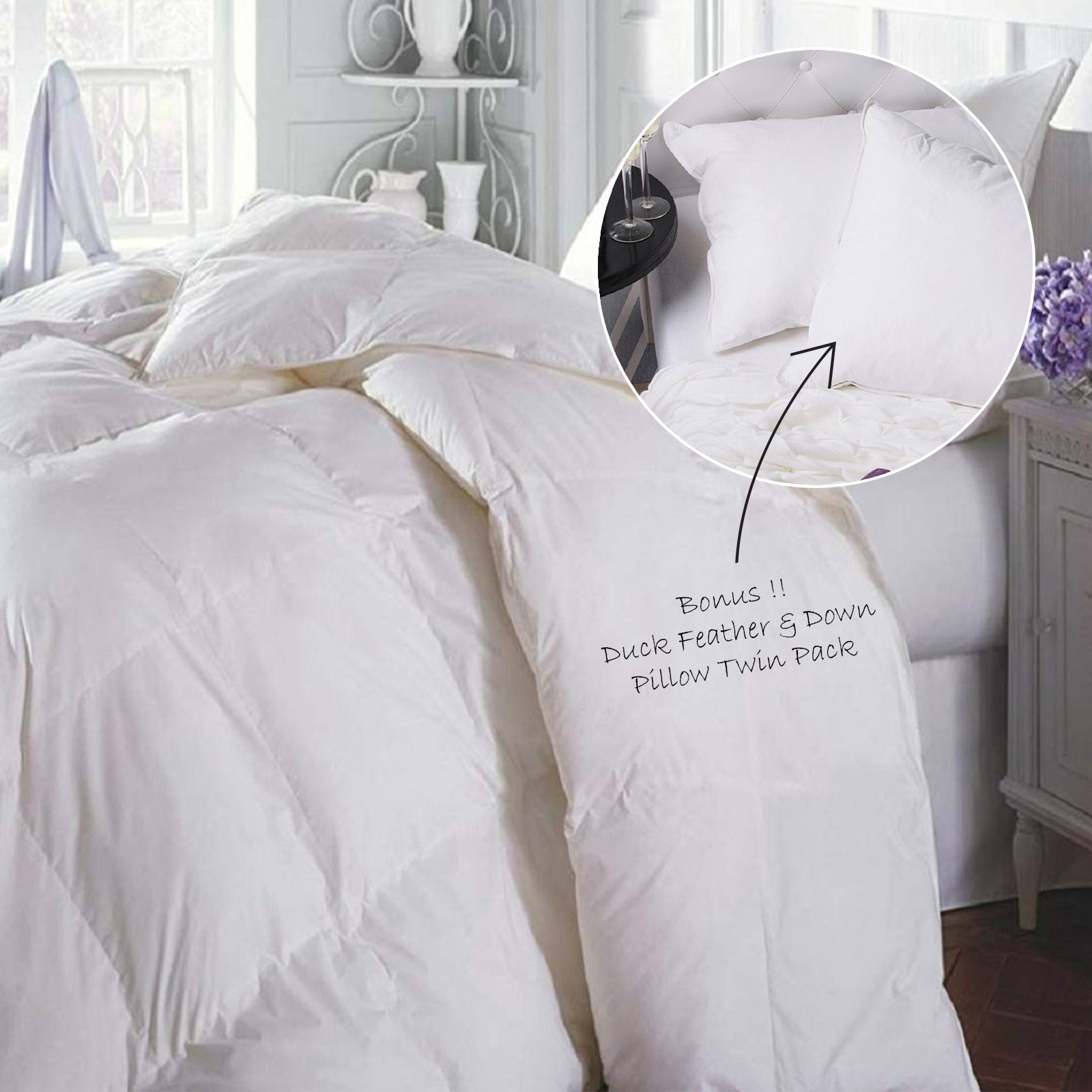 Duck Feather & Down Quilt 500GSM + Duck Feather and Down Pillows 2 Pack Combo - Queen - White