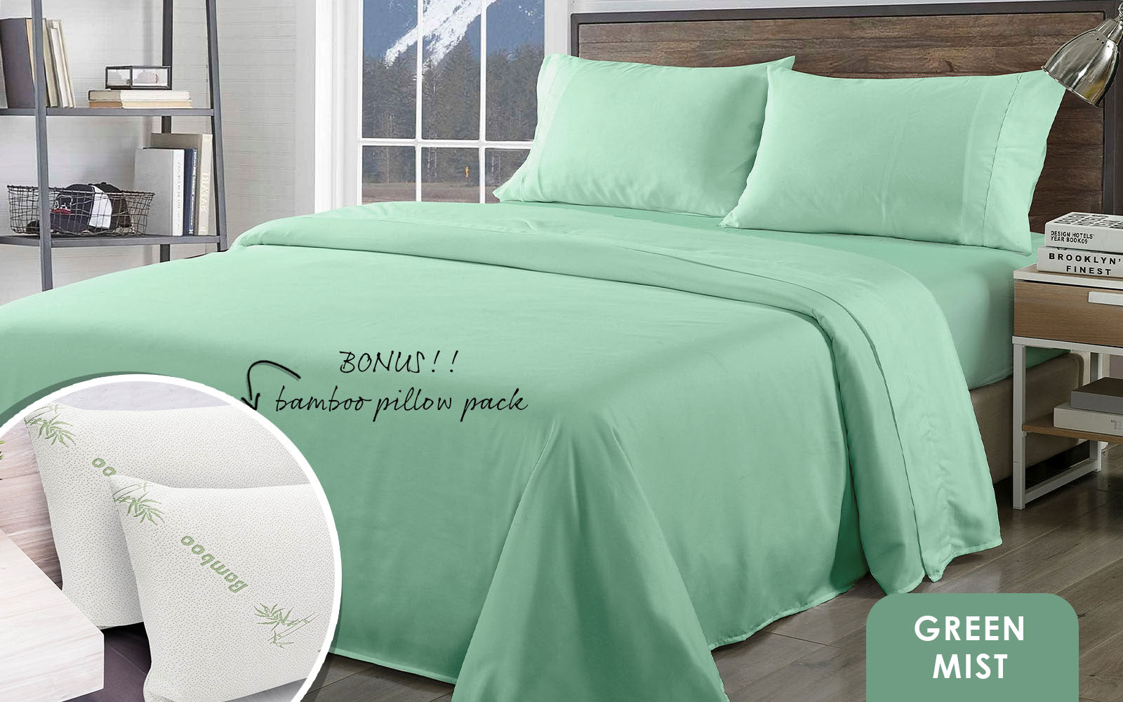 Royal Comfort Bamboo Blend Sheet Set 1000TC and Bamboo Pillows 2 Pack Ultra Soft - Queen - Green Mist