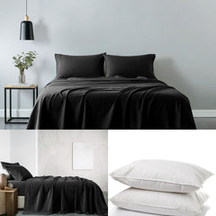 Royal Comfort 100% Cotton Vintage Sheet Set And 2 Duck Feather Down Pillows Set - King - Charcoal