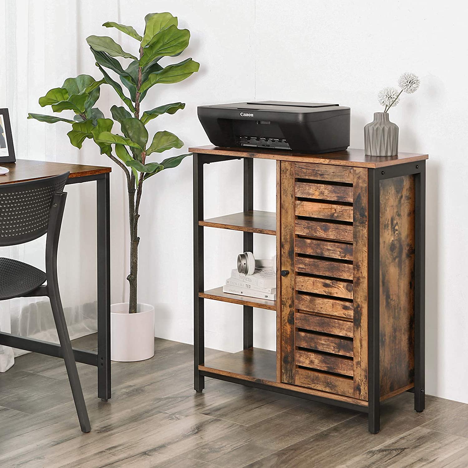 Storage Cabinet with 3 Shelves and a Cabinet with Door, Rustic Brown and Black