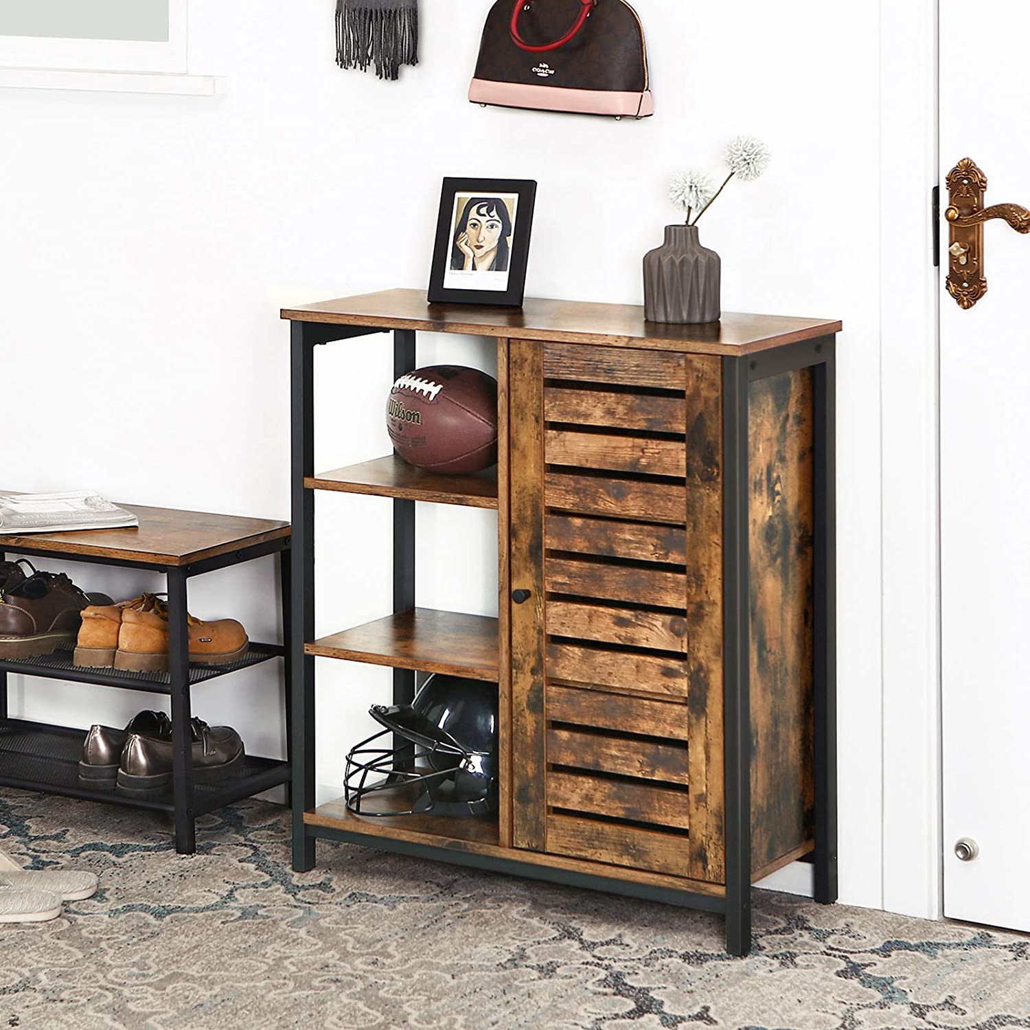 Storage Cabinet with 3 Shelves and a Cabinet with Door, Rustic Brown and Black