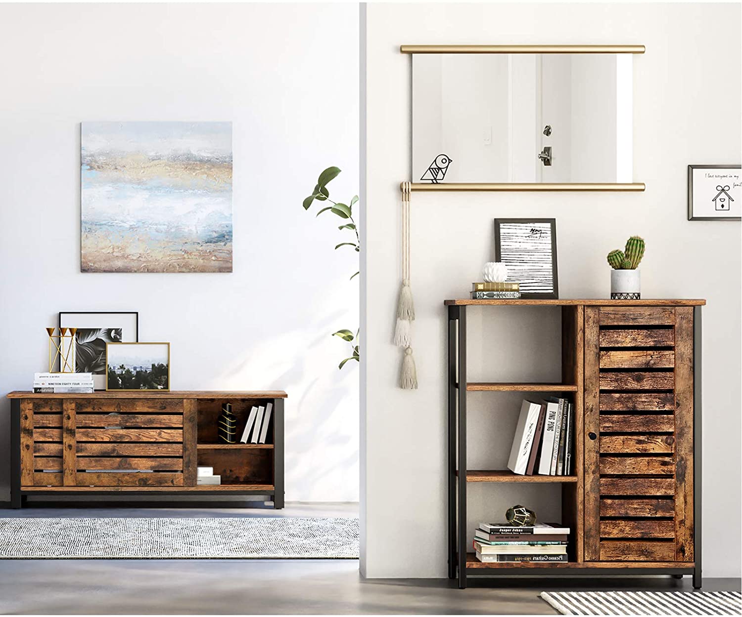 Storage Cabinet with 3 Shelves and a Cabinet with Door, Rustic Brown and Black