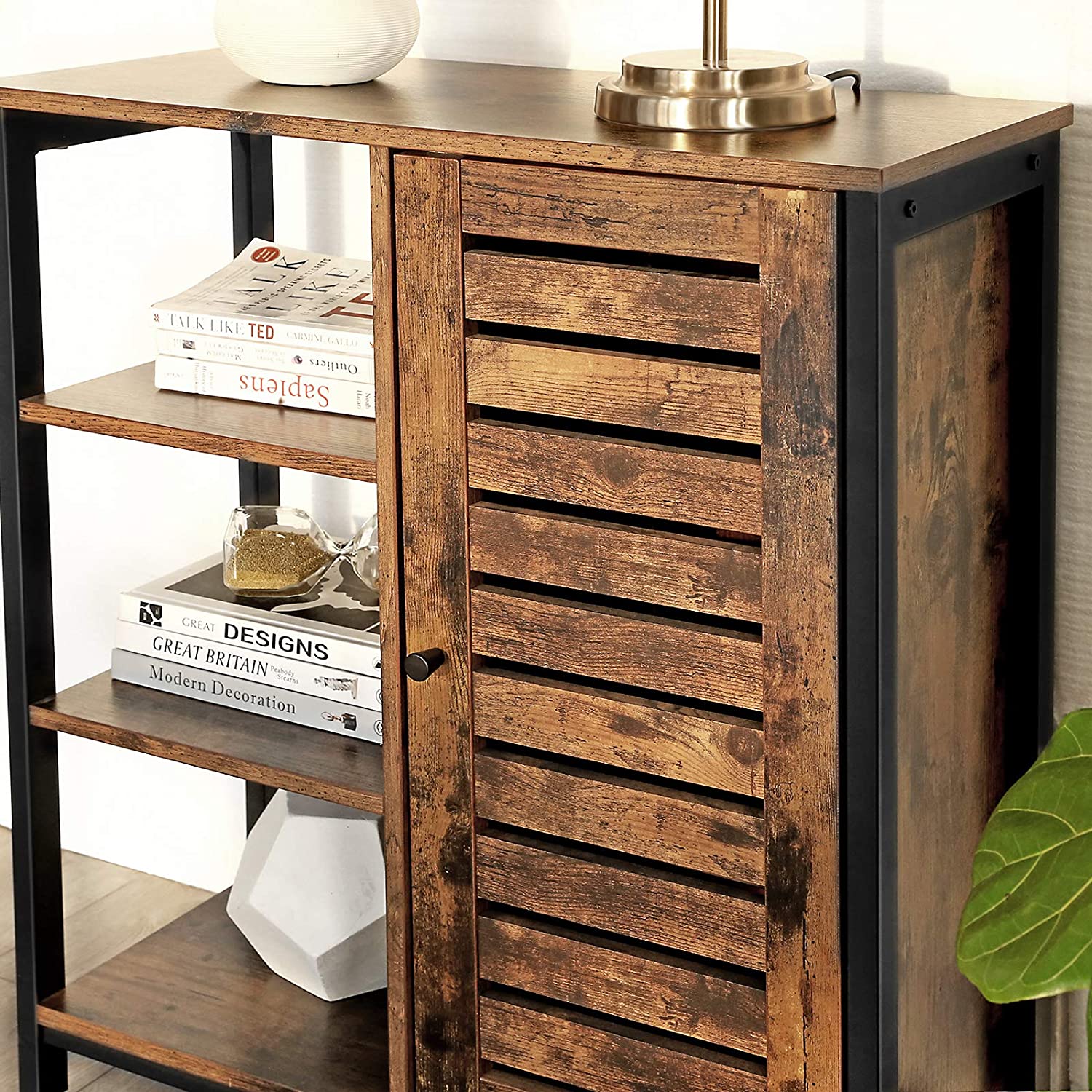 Storage Cabinet with 3 Shelves and a Cabinet with Door, Rustic Brown and Black