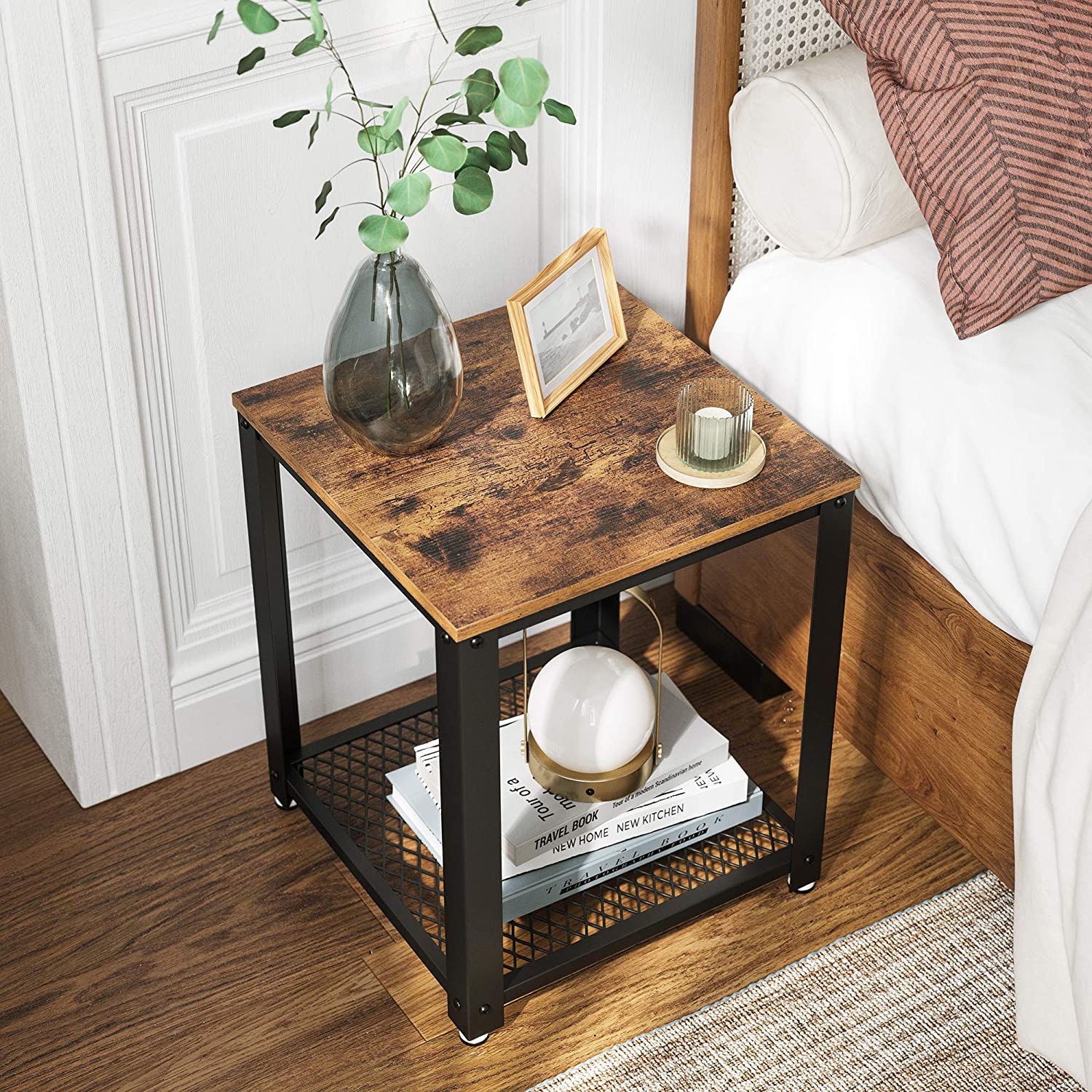 2-Tier Side Table with Storage Shelf with Metal Frame Rustic Brown