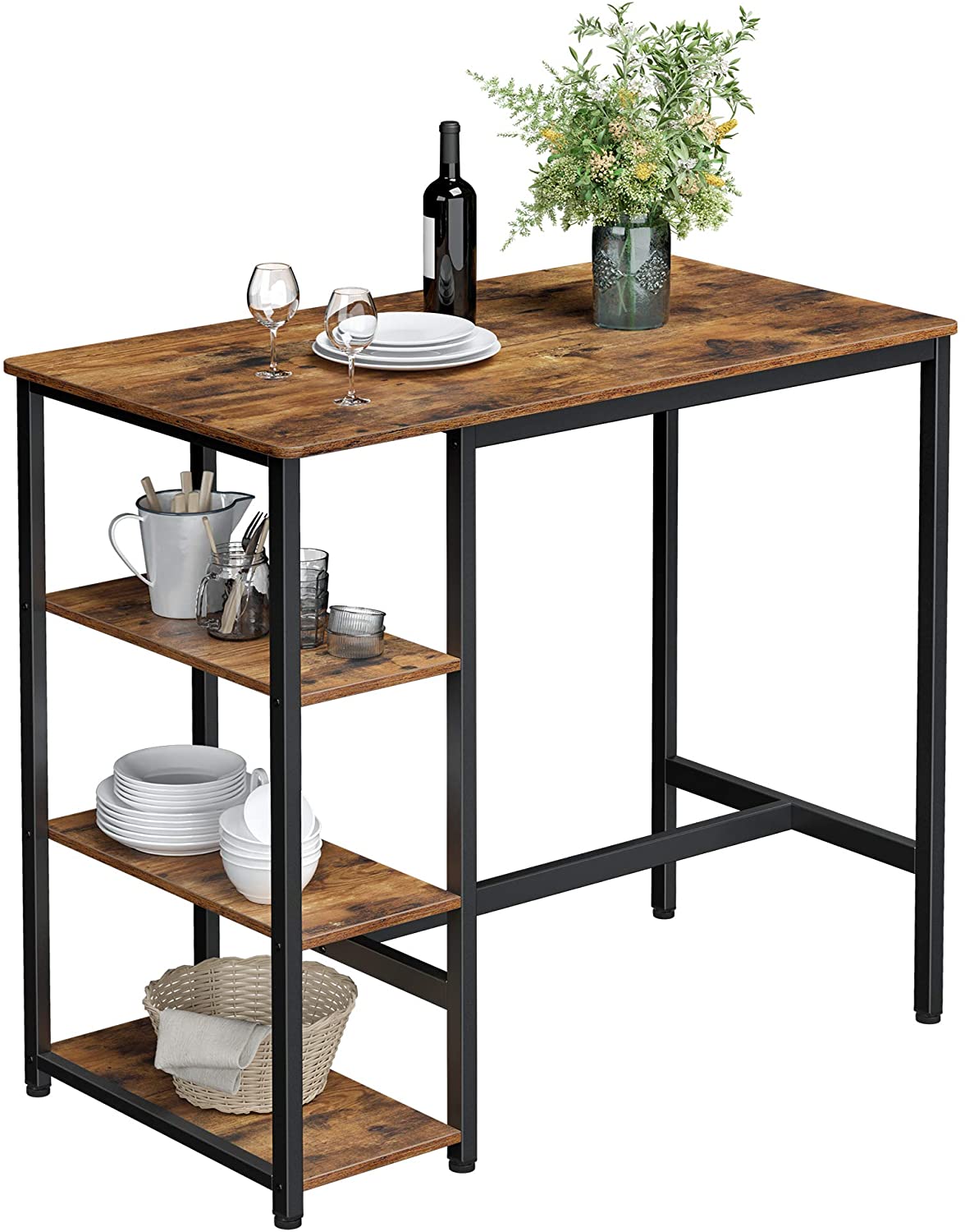 Dining Table with 3 Shelves and Industrial Style Stable Steel Structure,  109 x 60 x 100 cm, Rustic Brown