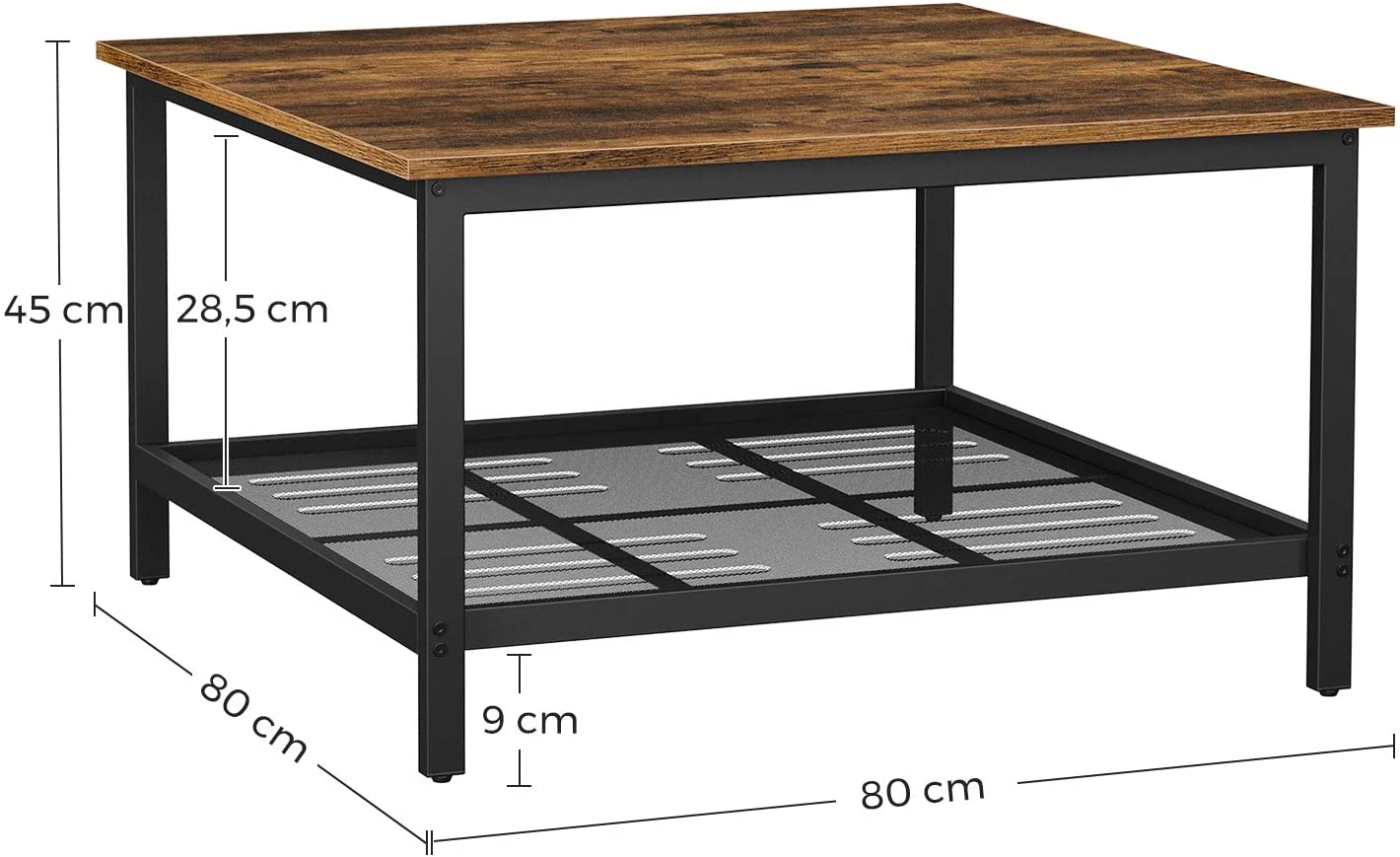Robust Coffee Table Steel Frame and Mesh Storage Shelf,  Rustic Brown and Black