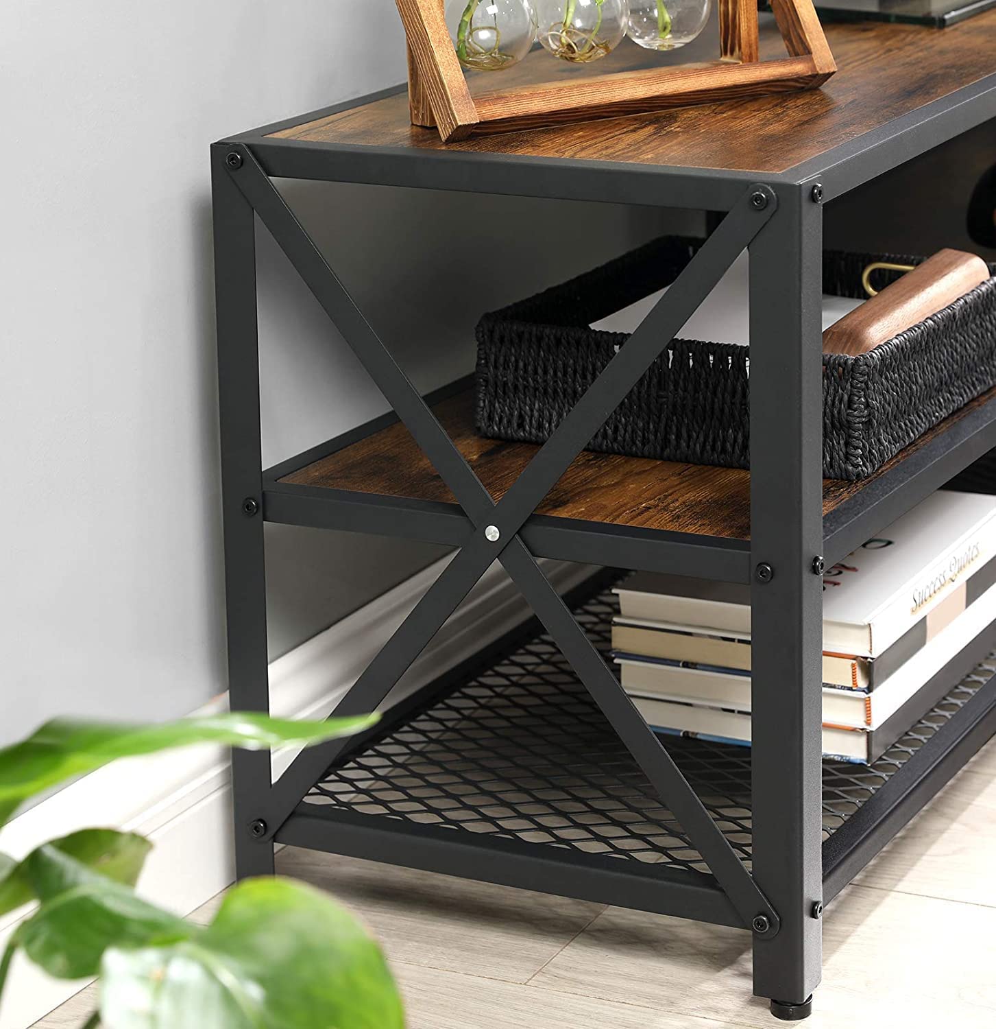 TV Stand for TV Steel Frame up to 178 cm with Shelves for Living Room and Bedroom Furniture Rustic Brown and Black