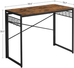 Computer Desk with 8 Hooks Rustic Brown and Black