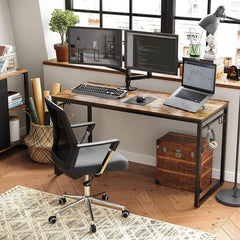 Home Office Desk with 8 Hooks 140 x 60 x 75 cm Rustic Brown and Black