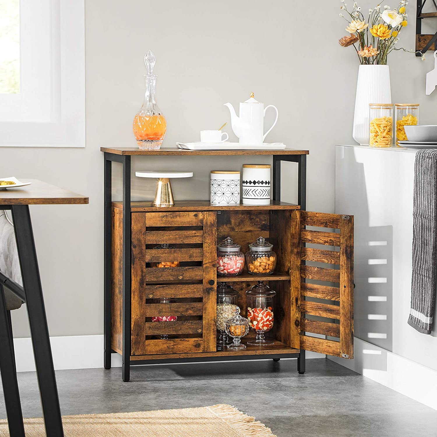 Standing Cabinet with Shelf Cupboard with Louvred Doors Rustic Brown