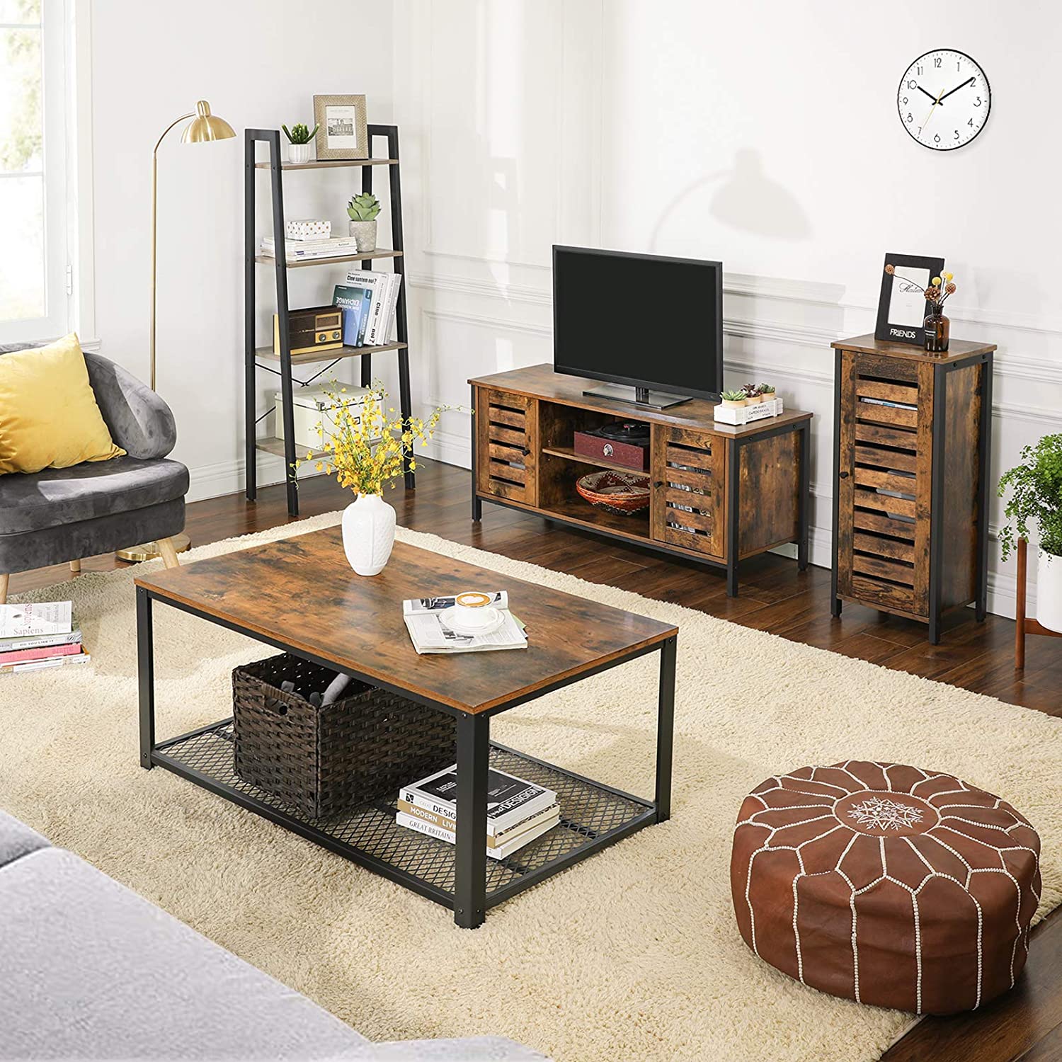 TV Stand Entertainment Unit with Open Shelves and Louvred Doors Storage, Rustic Brown and Black Industrial