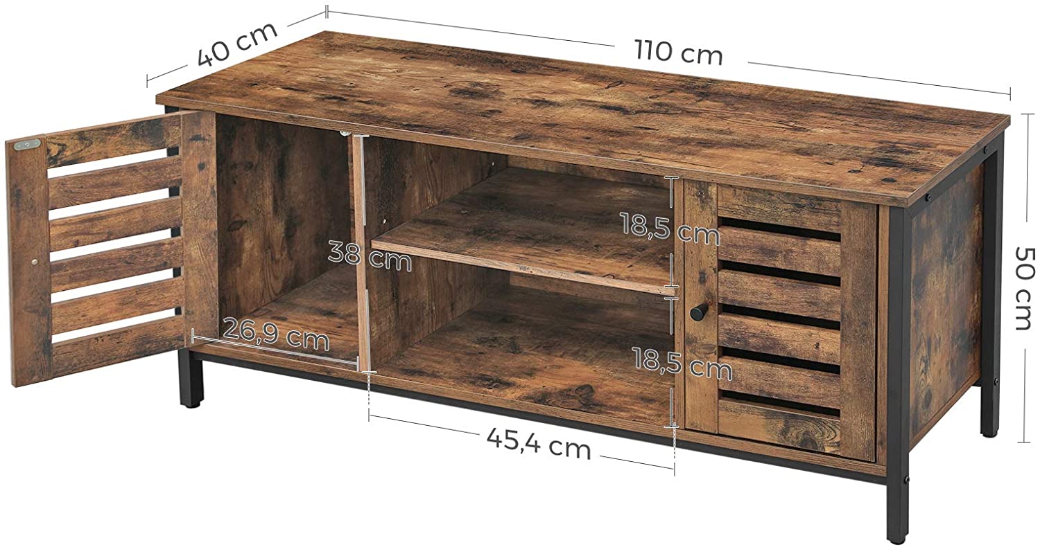 TV Stand Entertainment Unit with Open Shelves and Louvred Doors Storage, Rustic Brown and Black Industrial