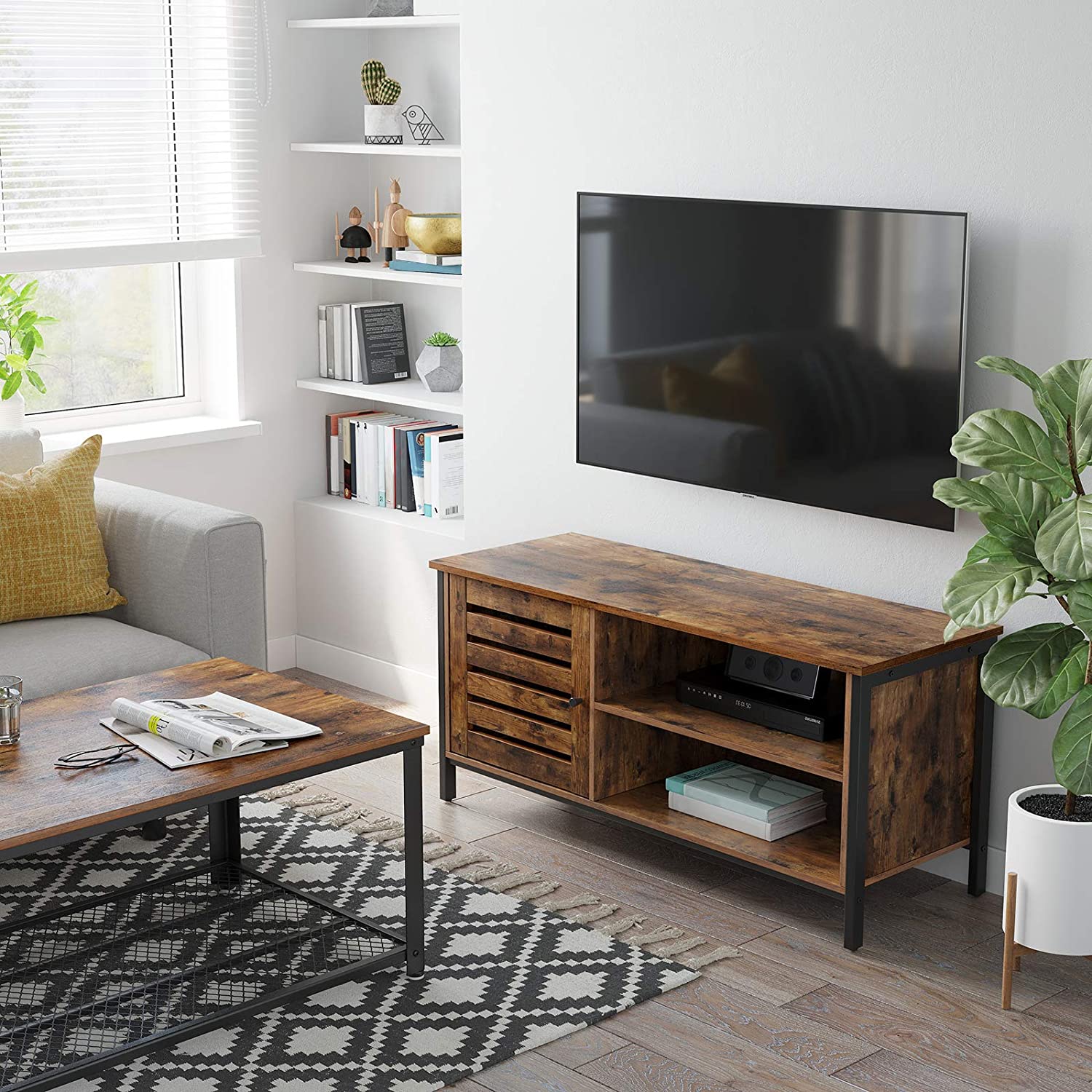 TV Cabinet for up to 127cm TVs with Louvred Door 2 Shelves for Living Room and Bedroom Rustic Brown and Black