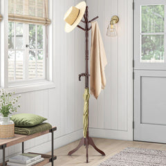 Brown Coat Rack with Stand Wooden Hat and 9 Hooks Hanger Walnut tree