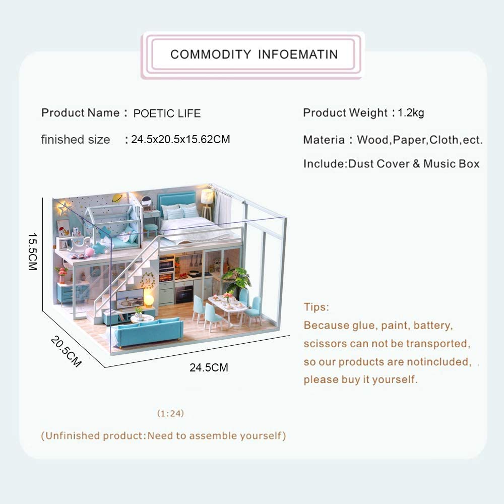 Dollhouse Miniature with Furniture Kit Plus Dust Proof and Music Movement - Poetic Life (1:24 Scale Creative Room Idea)