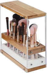 31 Holes Acrylic Bamboo Brush Holder Organiser Beauty Cosmetic Display Stand with Leather Drawer White (22.3 x 8.6 x 21.5 cm)