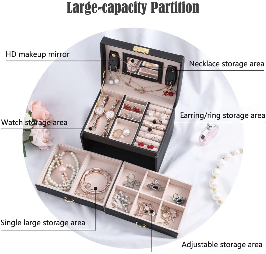 Portable Travel Jewelry box with three-layer PU leather storage box, mirror and lock