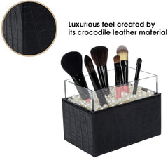 Leather Makeup Brush Cosmetic Organiser Storage Box with Pink Pearls and Acrylic Cover (Black)