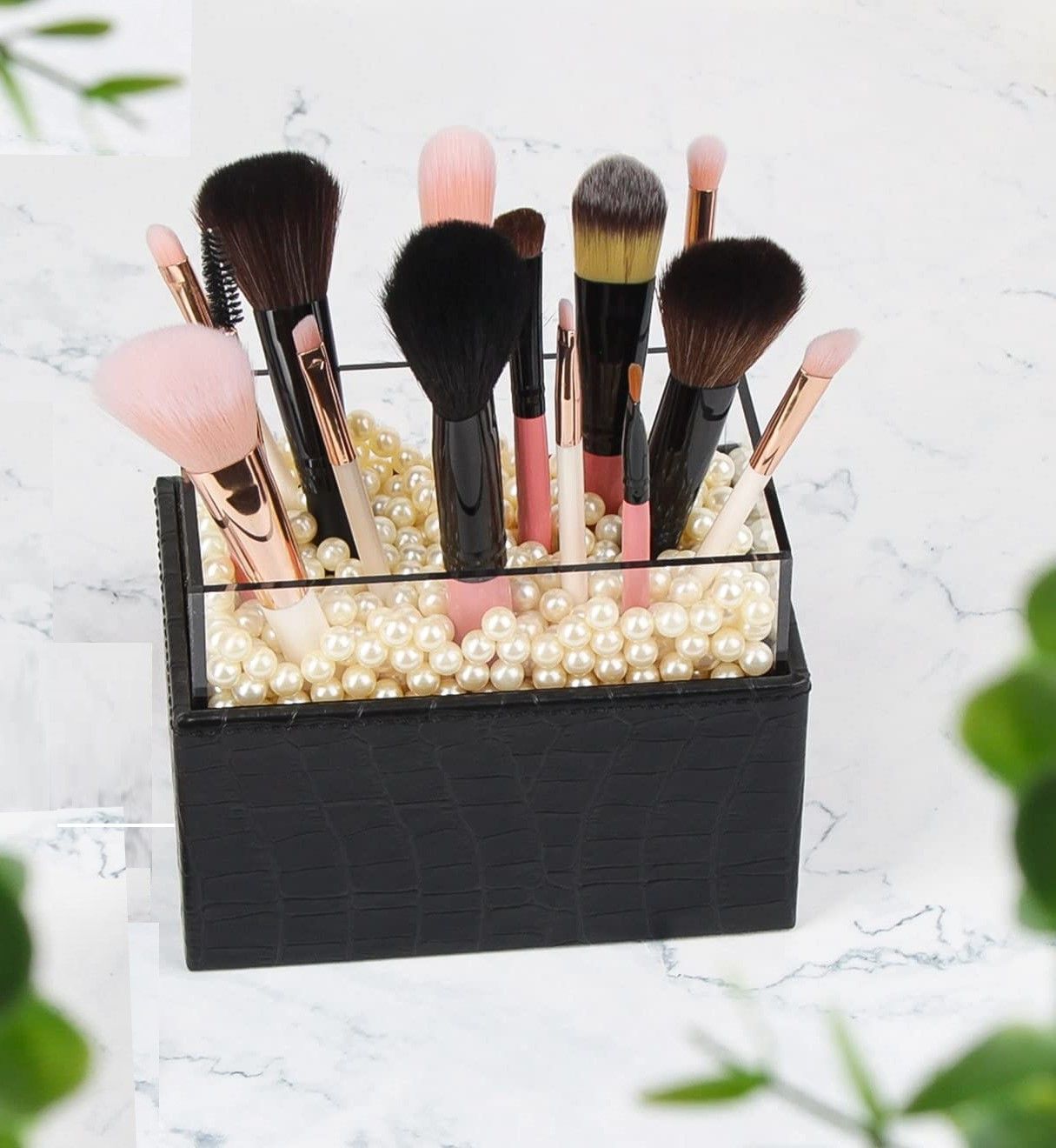 Leather Makeup Brush Cosmetic Organiser Storage Box with Pink Pearls and Acrylic Cover (Black)