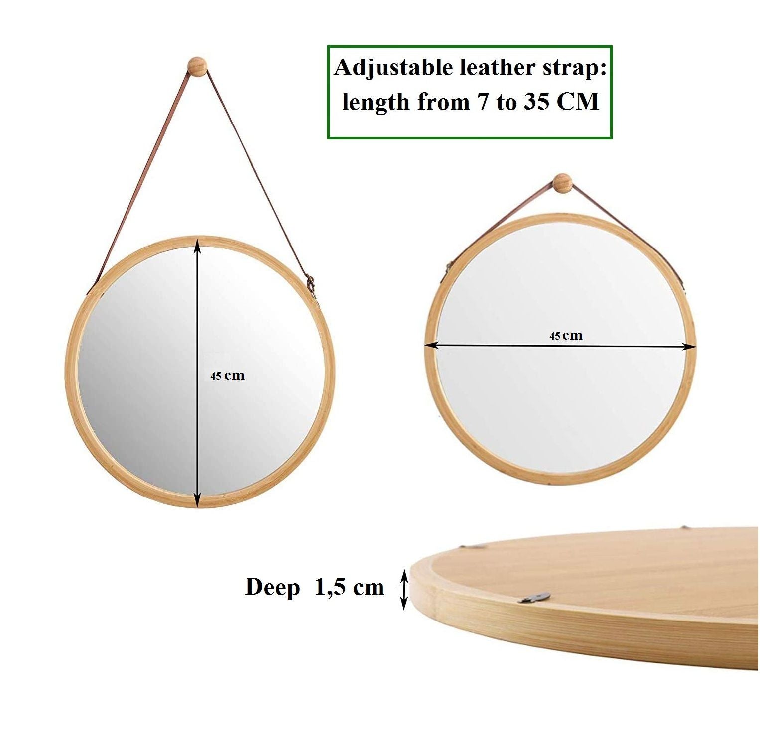 Hanging Round Wall Mirror 45 cm - Solid Bamboo Frame and Adjustable Leather Strap for Bathroom and Bedroom