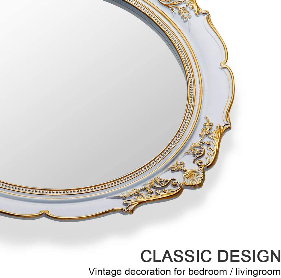 Oval Antique Vintage Hanging Wall Mirror for Bedroom and Livingroom (White, 38 x 33 cm)