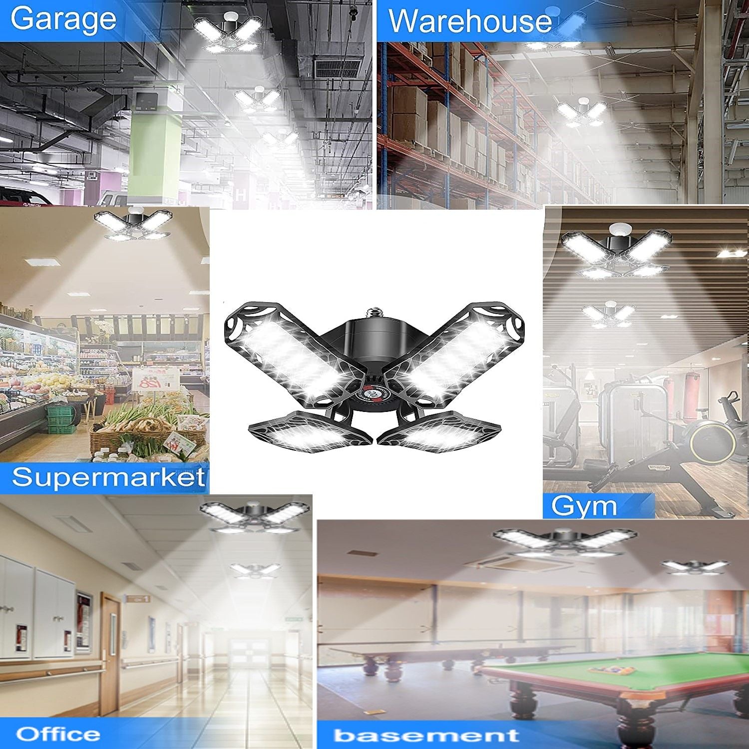 120W Ultra Bright Garage LED Deformable Ceiling Light with Adjustable Multi-Position Panels for Garage (12000LM - 6500K E26/E27)