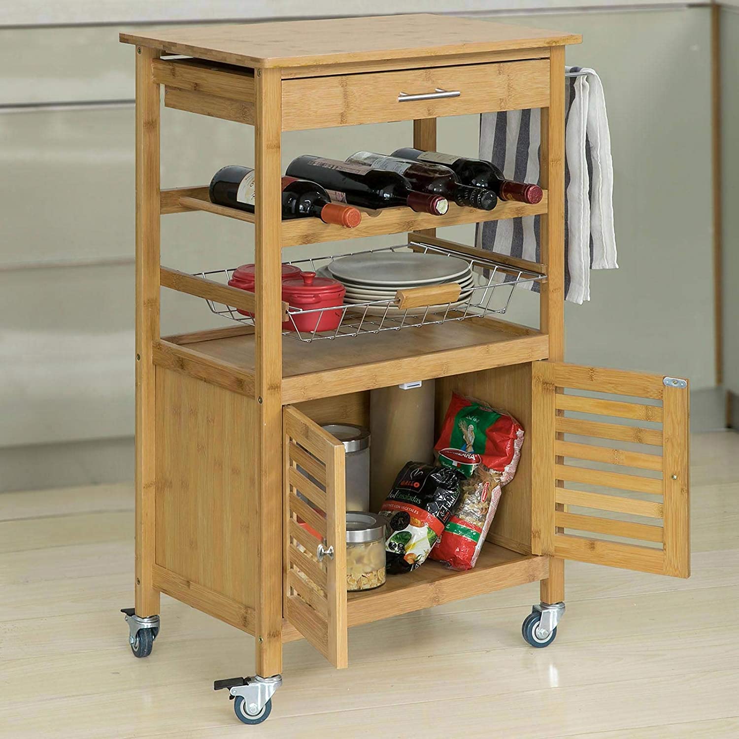 Bamboo Kitchen Storage Trolley with Wine Rack