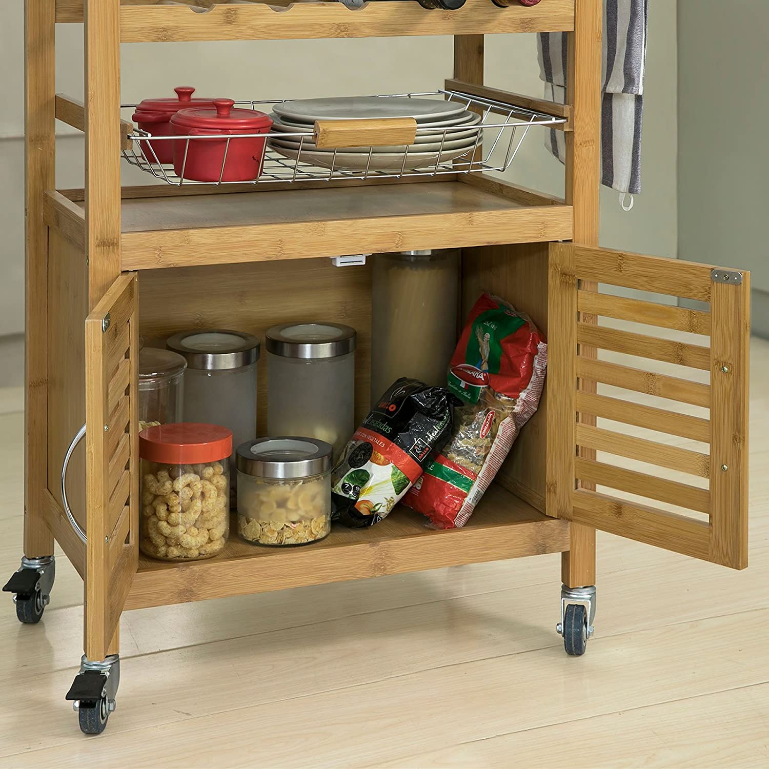 Bamboo Kitchen Storage Trolley with Wine Rack