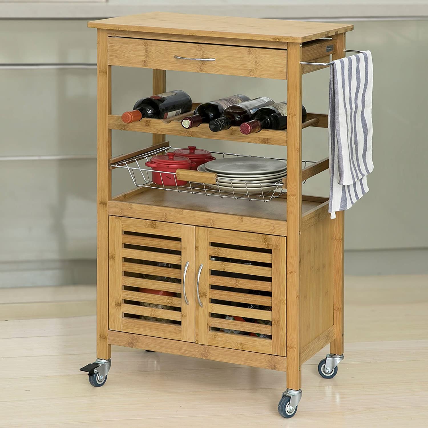 Bamboo Kitchen Storage Trolley with Wine Rack