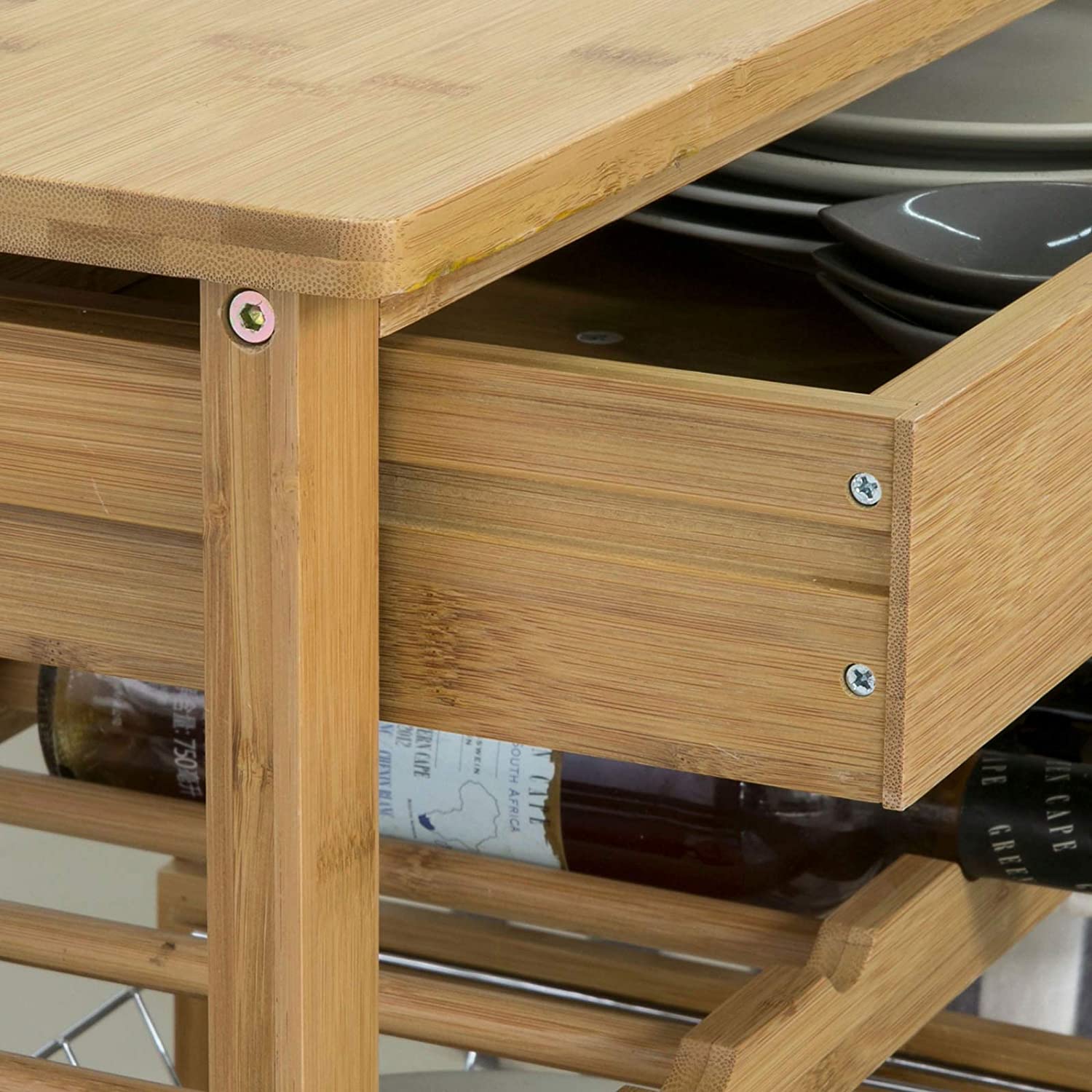 Bamboo Kitchen Storage Trolley with Wine Rack