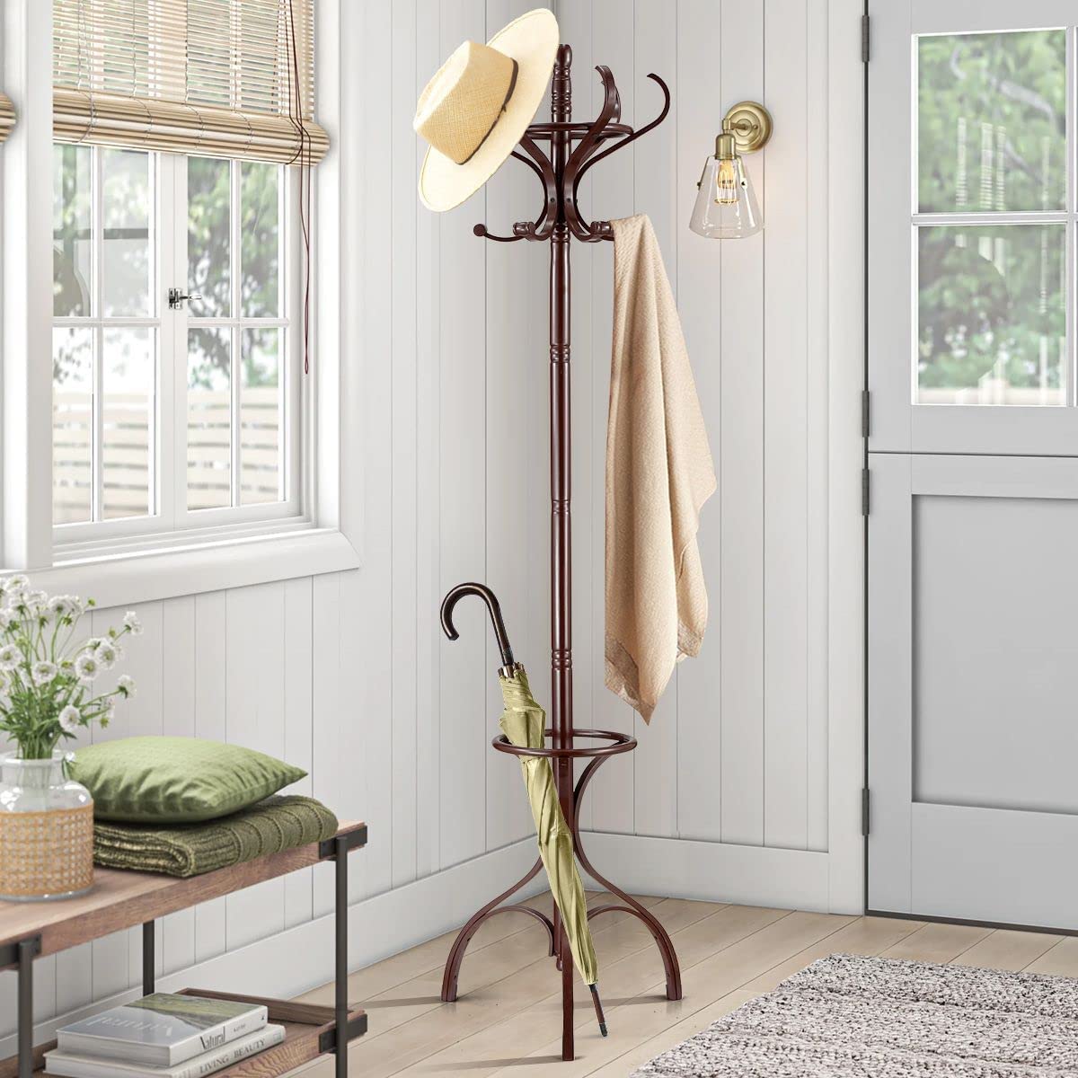 Brown Coat Rack with Stand Wooden Hat and 12 Hooks Hanger Walnut tree