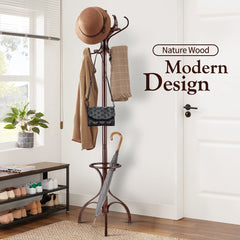 Brown Coat Rack with Stand Wooden Hat and 12 Hooks Hanger Walnut tree