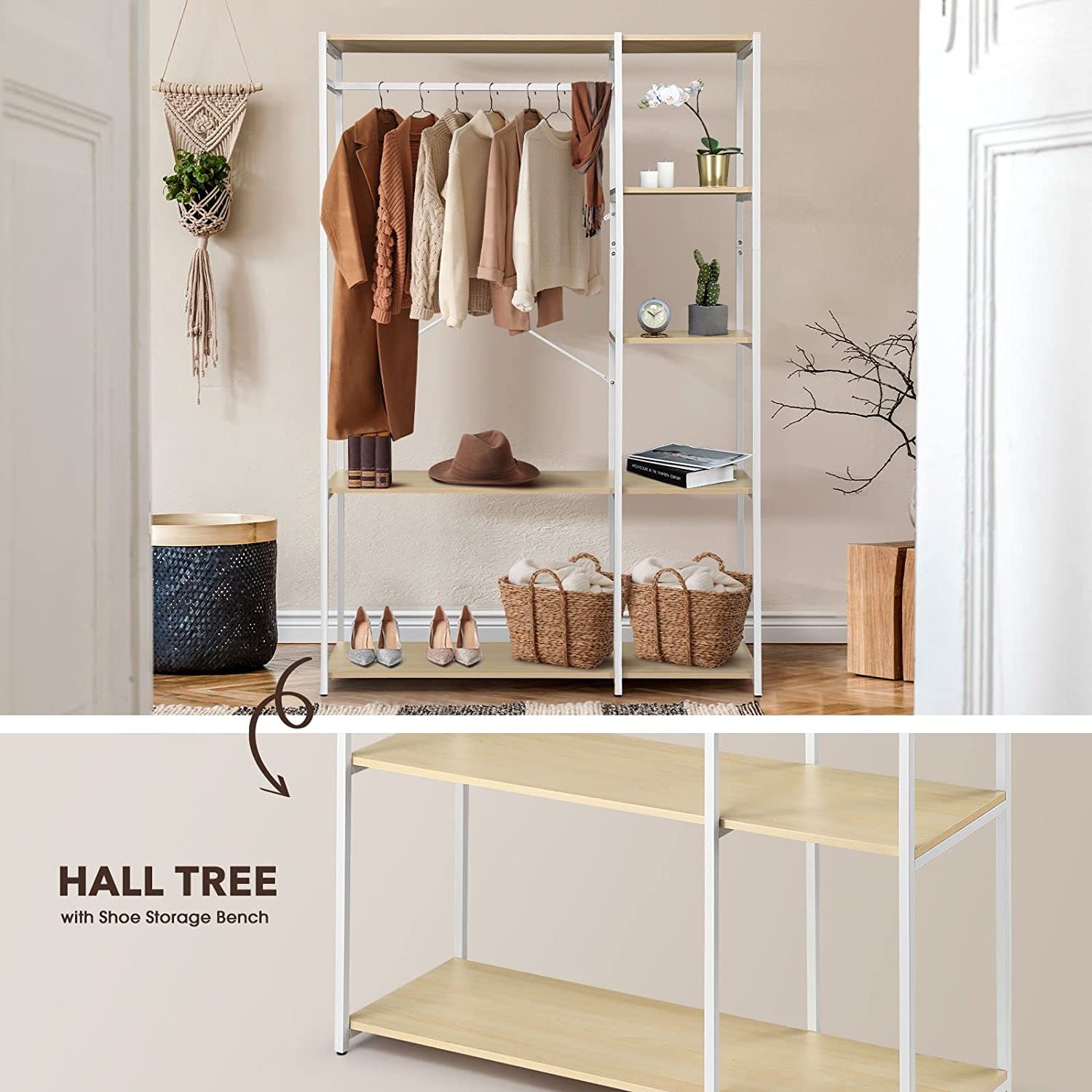 Industrial Garment Coat Rack Hanger Organizer and Shoe Storage (White)