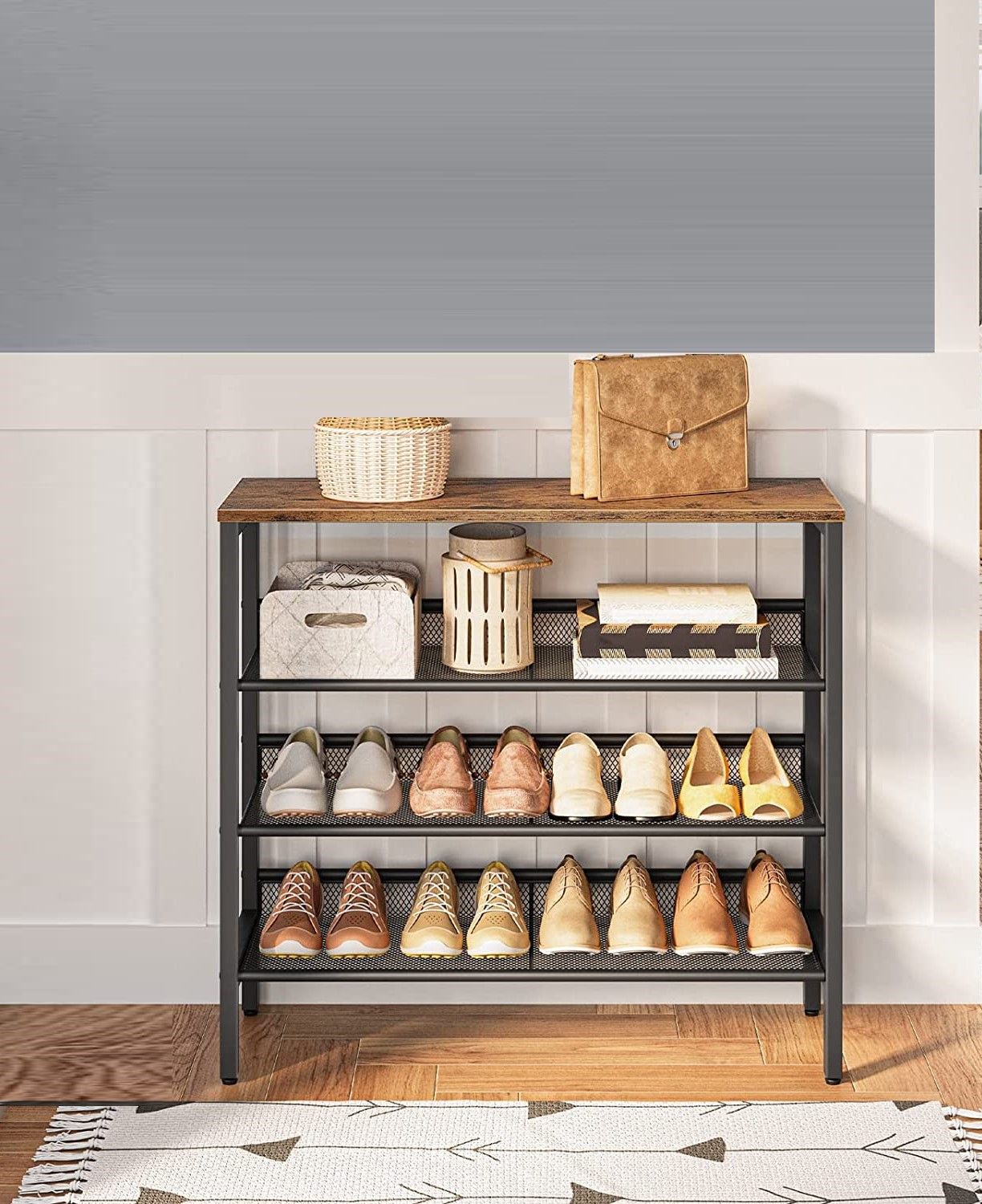 4-Tier Shoe Rack, Industrial Shoe Organizer Storage Bench