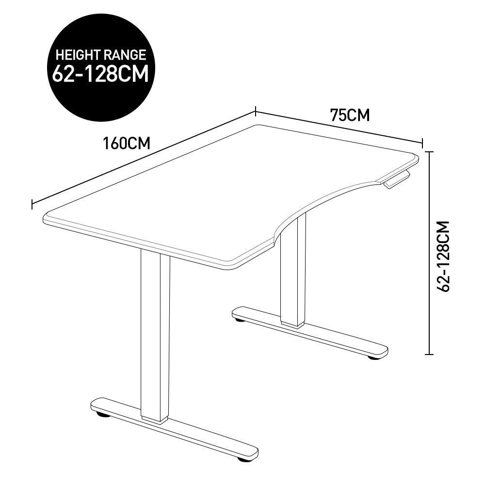 Fortia Sit To Stand Up Standing Desk, 160x75cm, 62-128cm Electric Height Adjustable, Dual Motor, 120kg Load, Arched, Black/Silver Frame