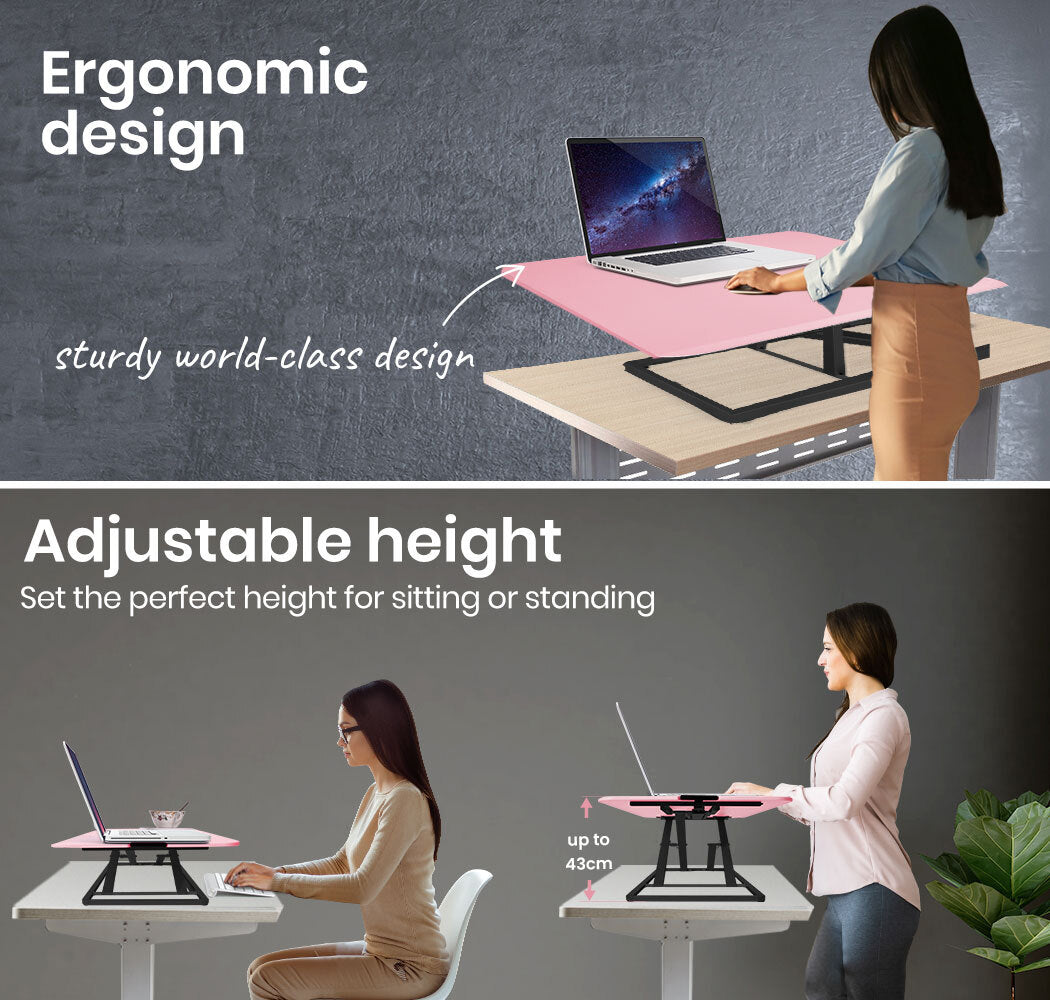 Fortia Desk Riser 74cm Wide Adjustable Sit to Stand for Dual Monitor, Keyboard, Laptop, Pink
