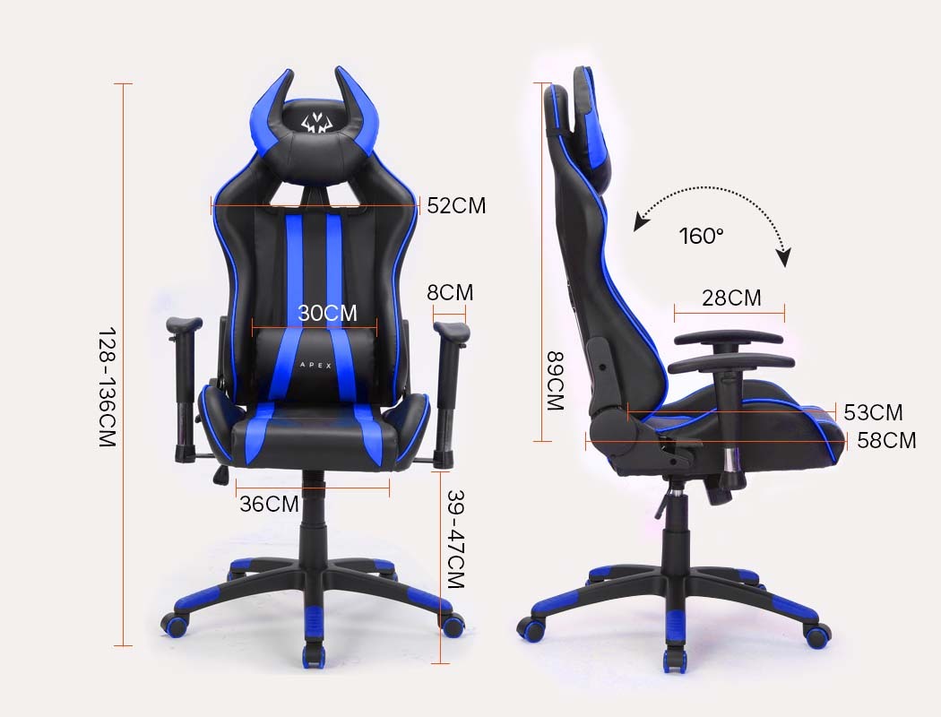 OVERDRIVE Diablo Reclining Gaming Chair Black & Blue Computer Lumbar Office Horns