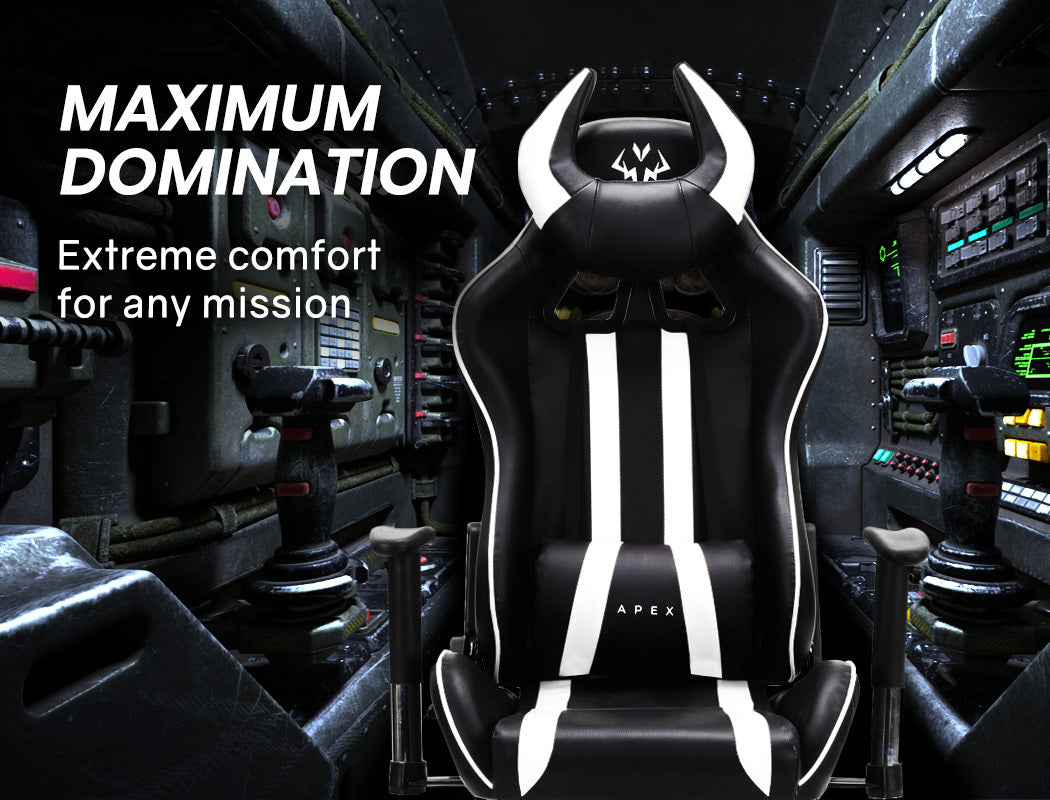 OVERDRIVE Diablo Reclining Gaming Chair Black & White Seat Computer Office Neck Lumbar Horns