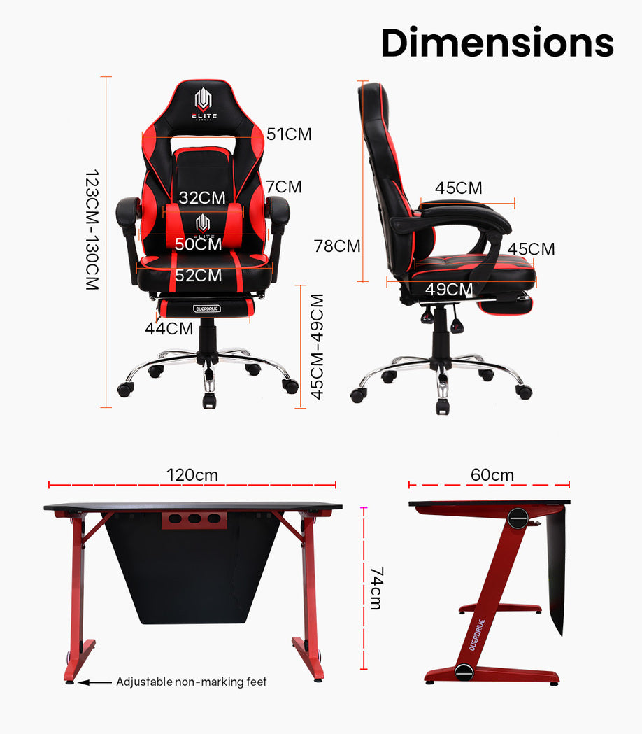 OVERDRIVE Gaming Chair Desk Racing Seat Setup PC Combo Office Table Black Red