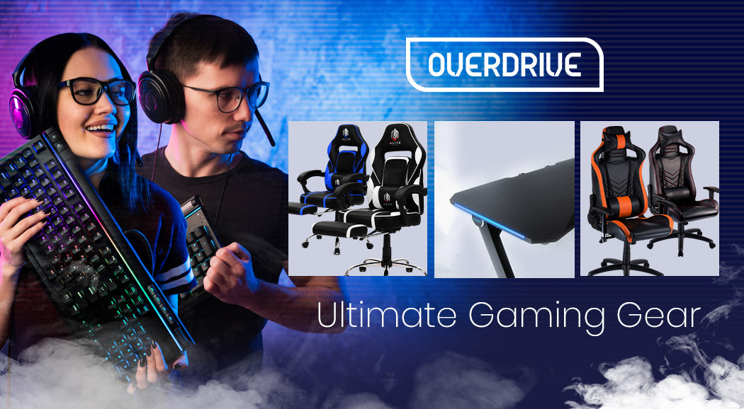 OVERDRIVE Gaming Desk 120cm  Computer Black PC Blue LED Lights Carbon Fiber Look