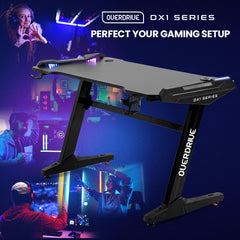 OVERDRIVE Gaming Desk, 120x60cm, Carbon Fiber Styling, LED Lights, Headset Hanger, Cup Holder, Cable Management, Black