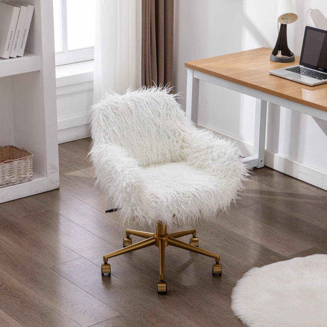 Fluffy Office Chair Faux Fur Modern Swivel Desk Chair for Women And Girls-White