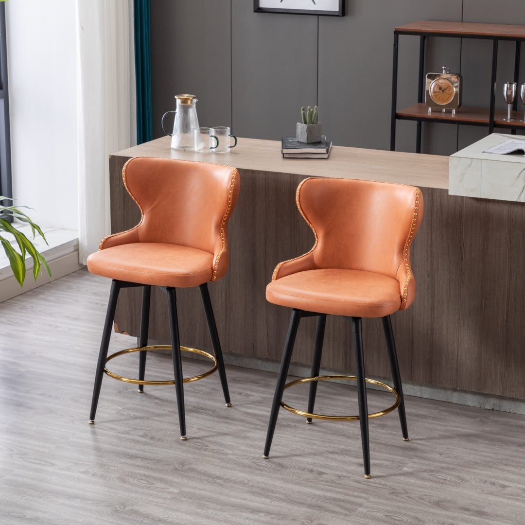 2x Swivel Bar Stools Tufted Counter Chairs with Stud Trim and Metal Base-Orange