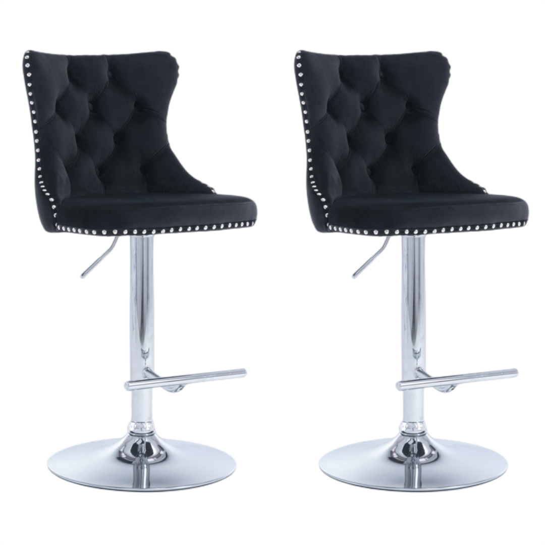 2x Height Adjustable Swivel Bar Stool Velvet Studs Barstool with Footrest and Chromed Base- Black