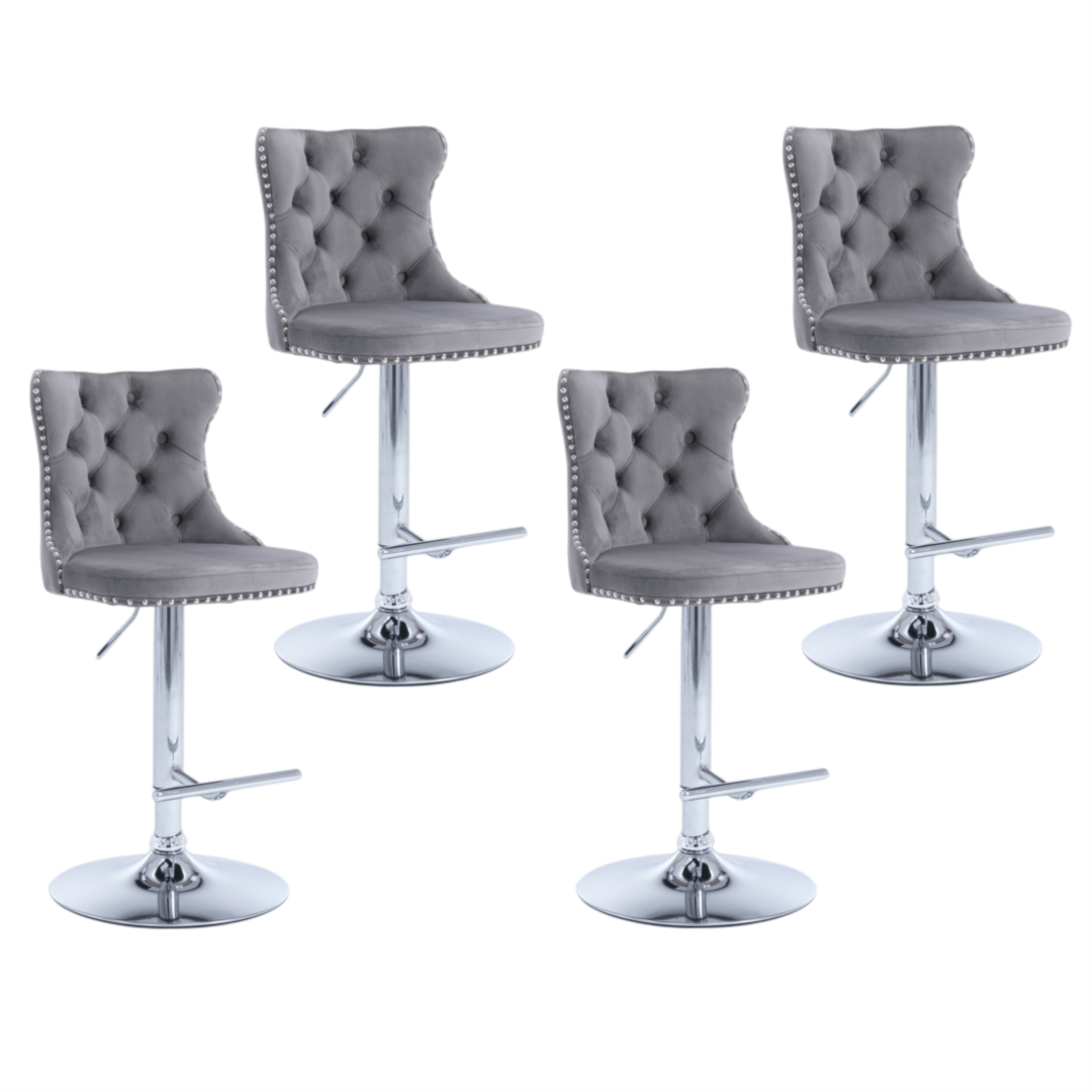 4x Height Adjustable Swivel Bar Stool Velvet Stud Barstool with Footrest and Chromed Base- Gray