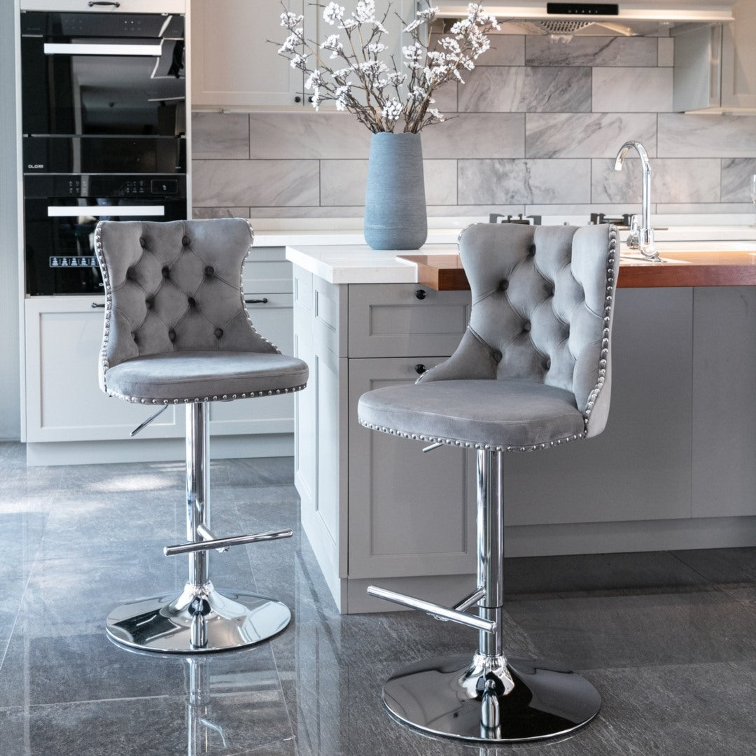 4x Height Adjustable Swivel Bar Stool Velvet Stud Barstool with Footrest and Chromed Base- Gray