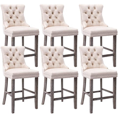 6X Velvet Bar Stools with Studs Trim Wooden Legs Tufted Dining Chairs Kitchen